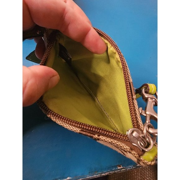 Coach Small Wristlet Wallet Green Tan Logo Women's 4" Tall 6" Wide - Picture 3 of 5